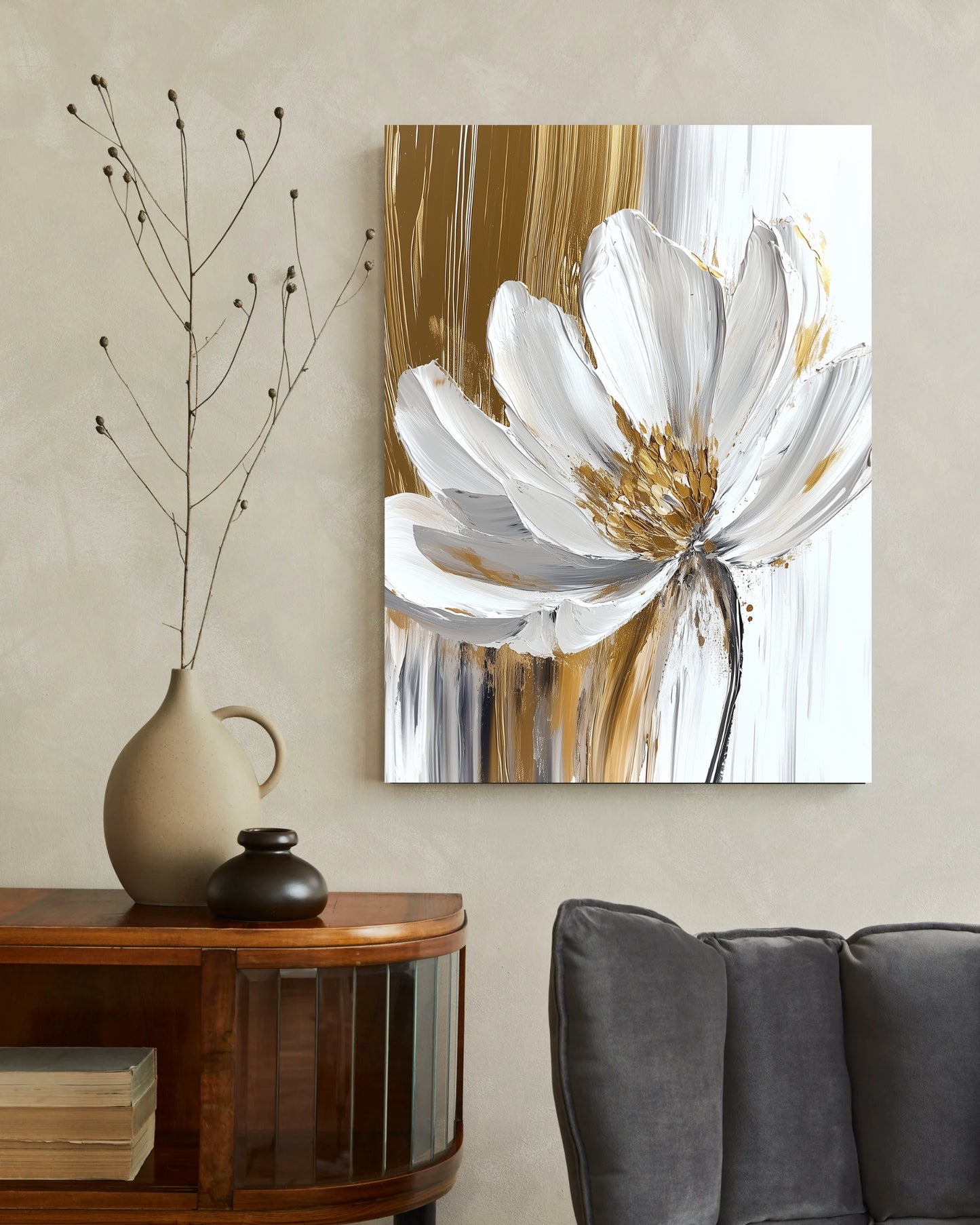 Elegant White & Gold Flower Canvas Wall Art – Textured Oil Painting, Dripping Paint Effect and Soft Neutral Tones