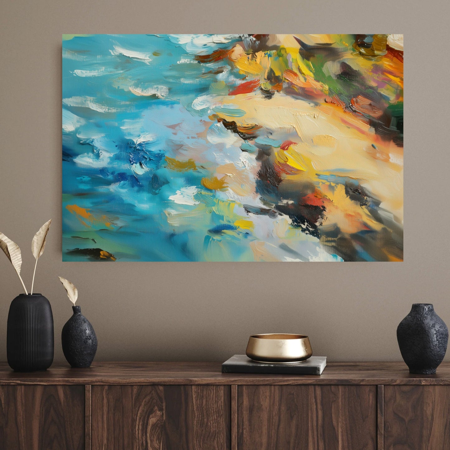 Vibrant Beach Oil Painting Canvas – Abstract Coastal Wall Art with Bold Colors & Expressive Sea-Inspired Brushstrokes
