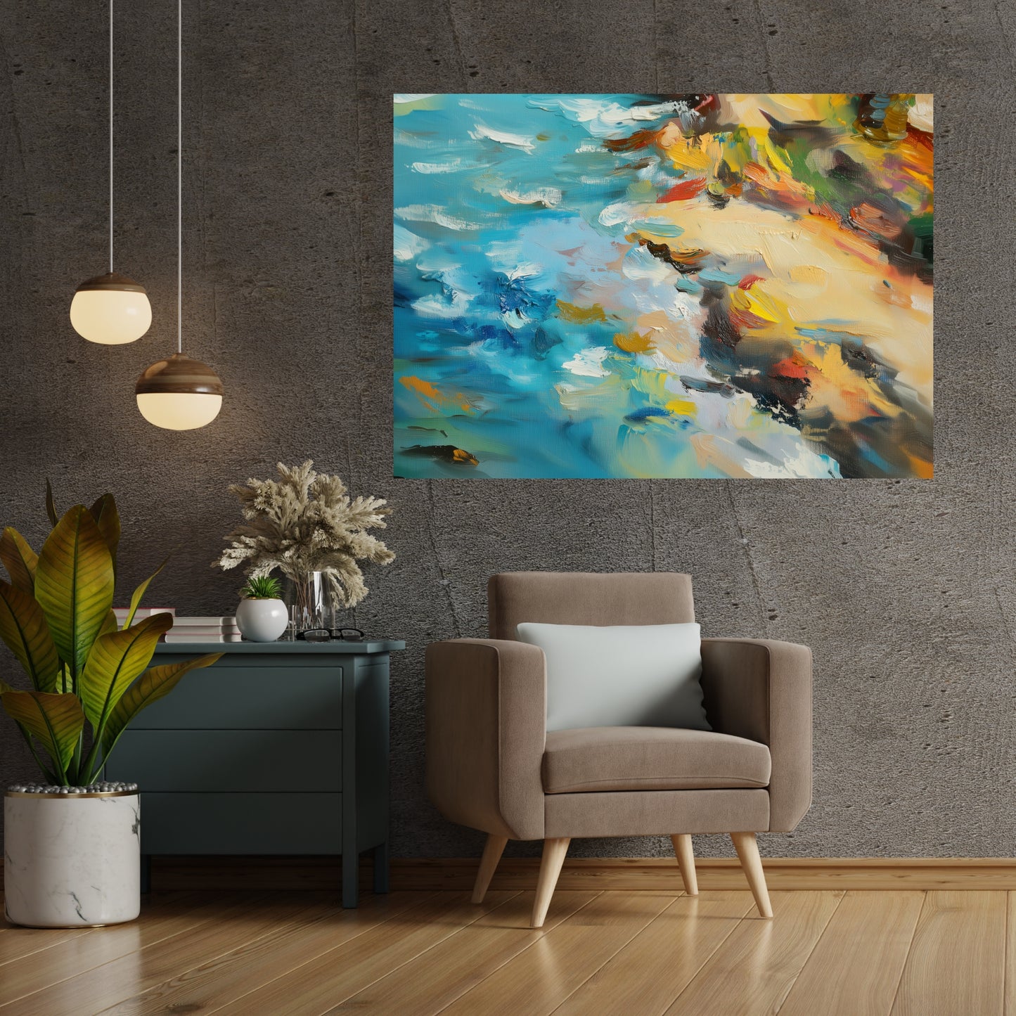 Vibrant Beach Oil Painting Canvas – Abstract Coastal Wall Art with Bold Colors & Expressive Sea-Inspired Brushstrokes
