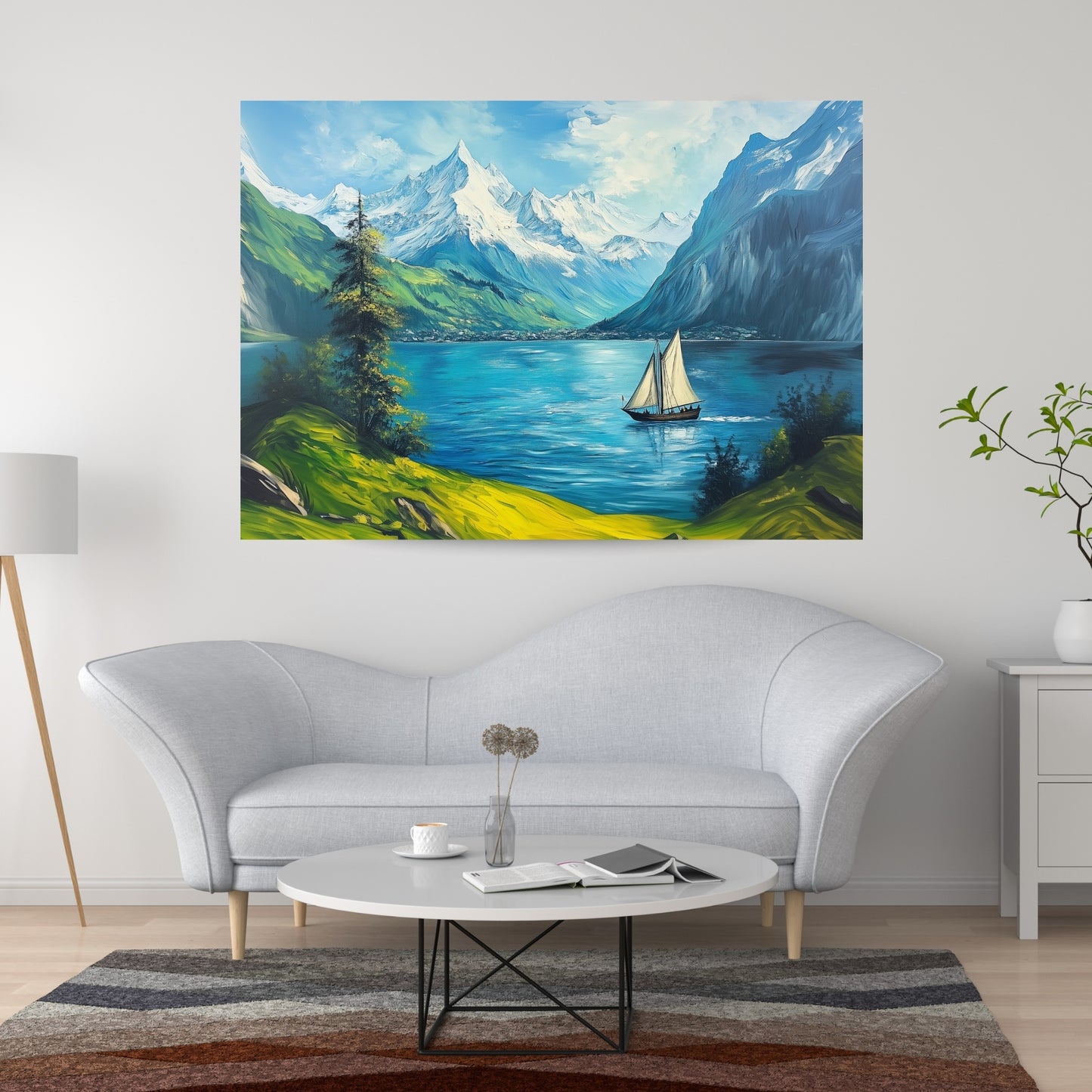 Swiss Alps Meets the Sea Canvas Wall Art – Sailing Ship Adventure in Postmodern Canvas Art