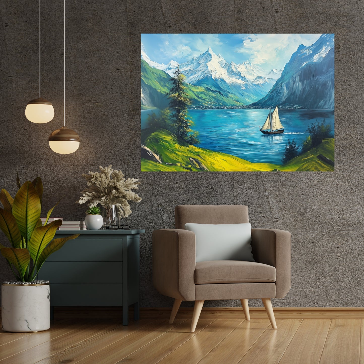 Swiss Alps Meets the Sea Canvas Wall Art – Sailing Ship Adventure in Postmodern Canvas Art