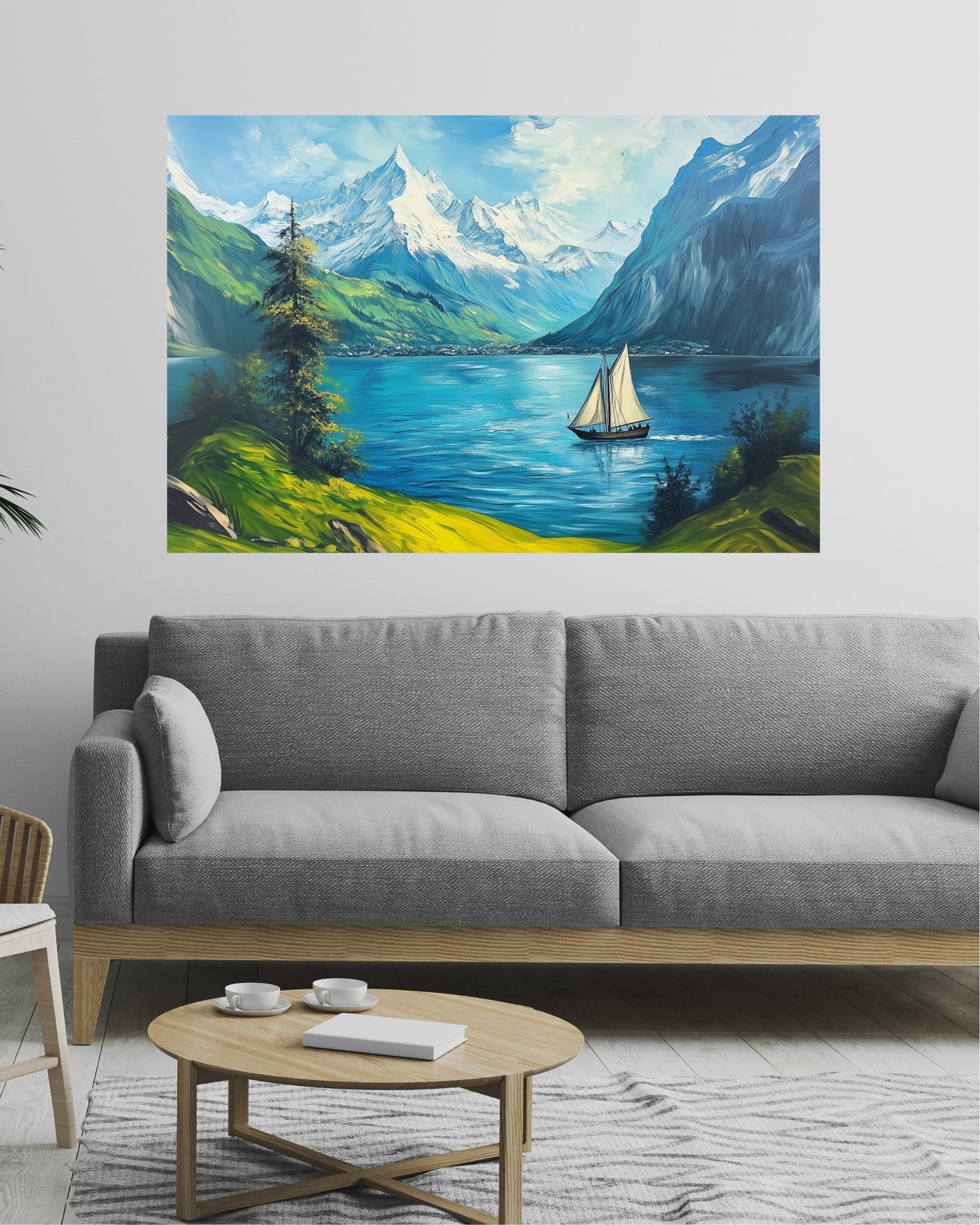 Swiss Alps Meets the Sea Canvas Wall Art – Sailing Ship Adventure in Postmodern Canvas Art