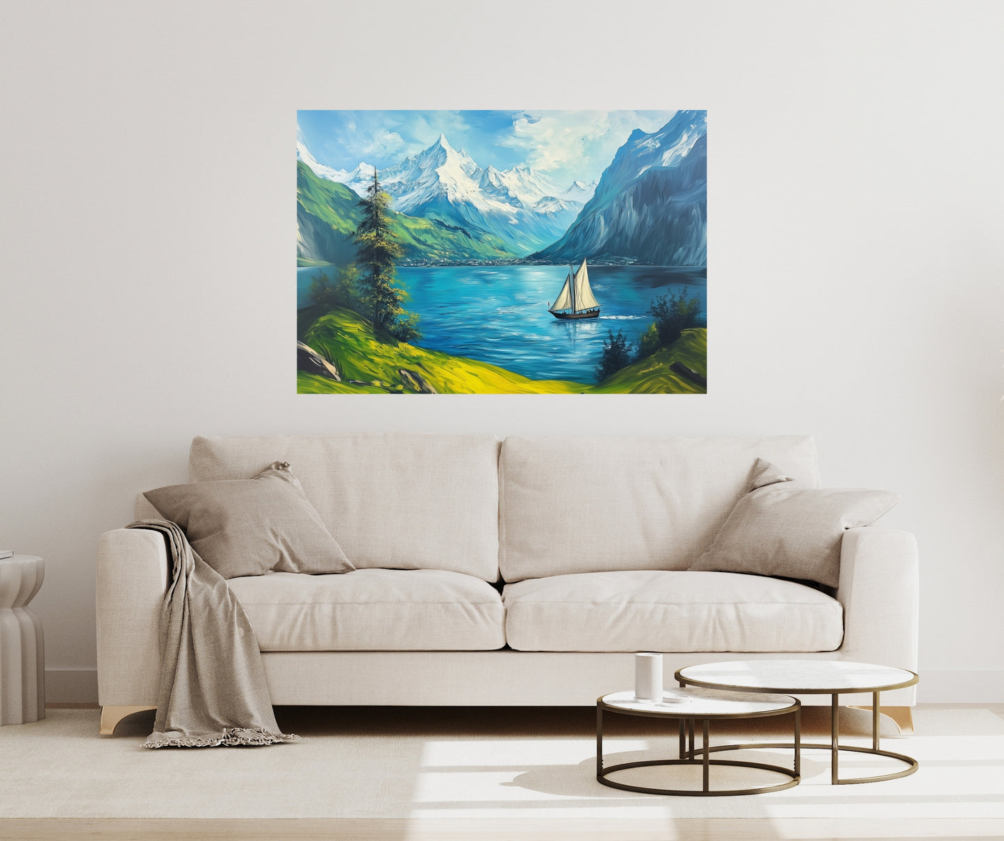 Swiss Alps Meets the Sea Canvas Wall Art – Sailing Ship Adventure in Postmodern Canvas Art