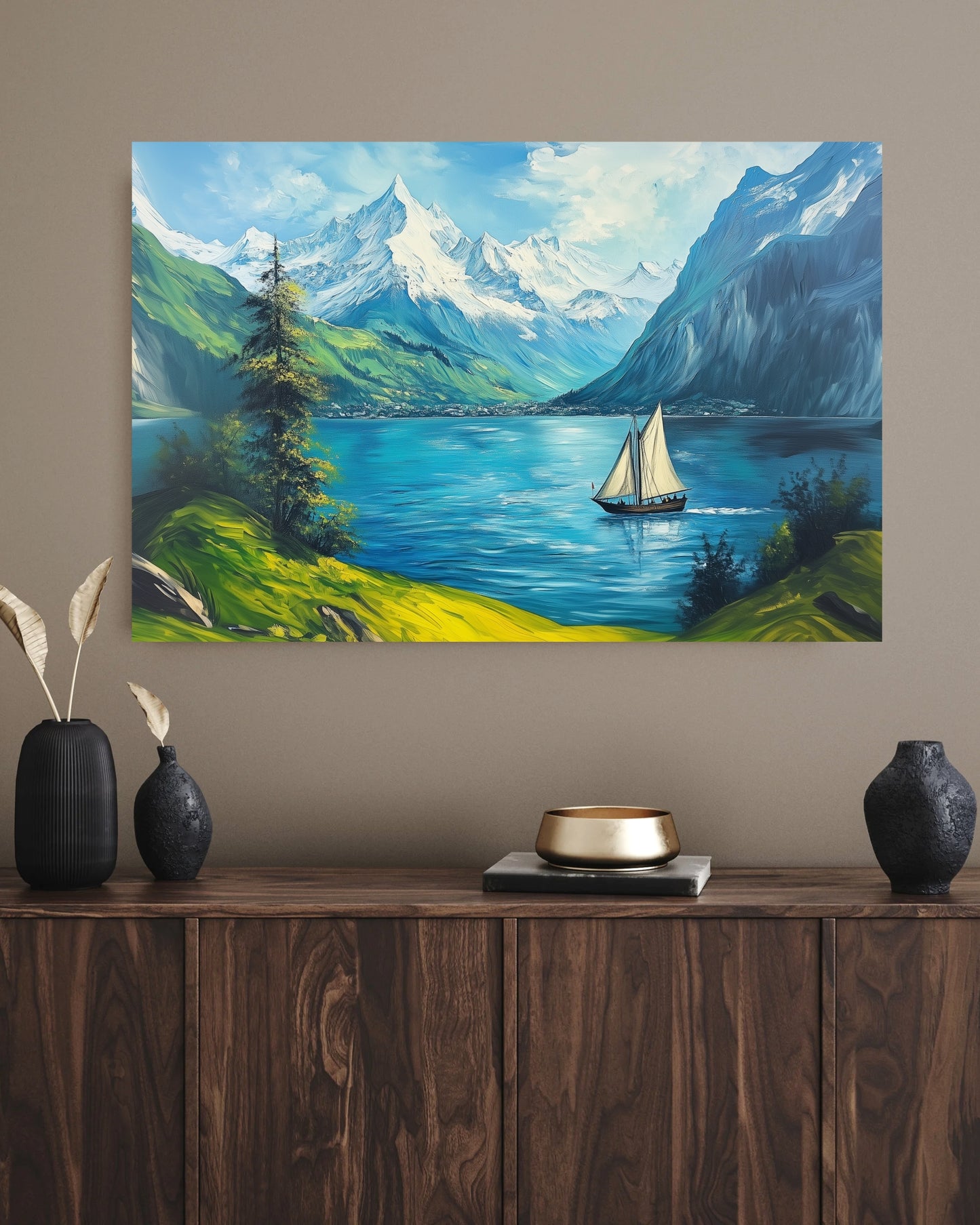 Swiss Alps Meets the Sea Canvas Wall Art – Sailing Ship Adventure in Postmodern Canvas Art