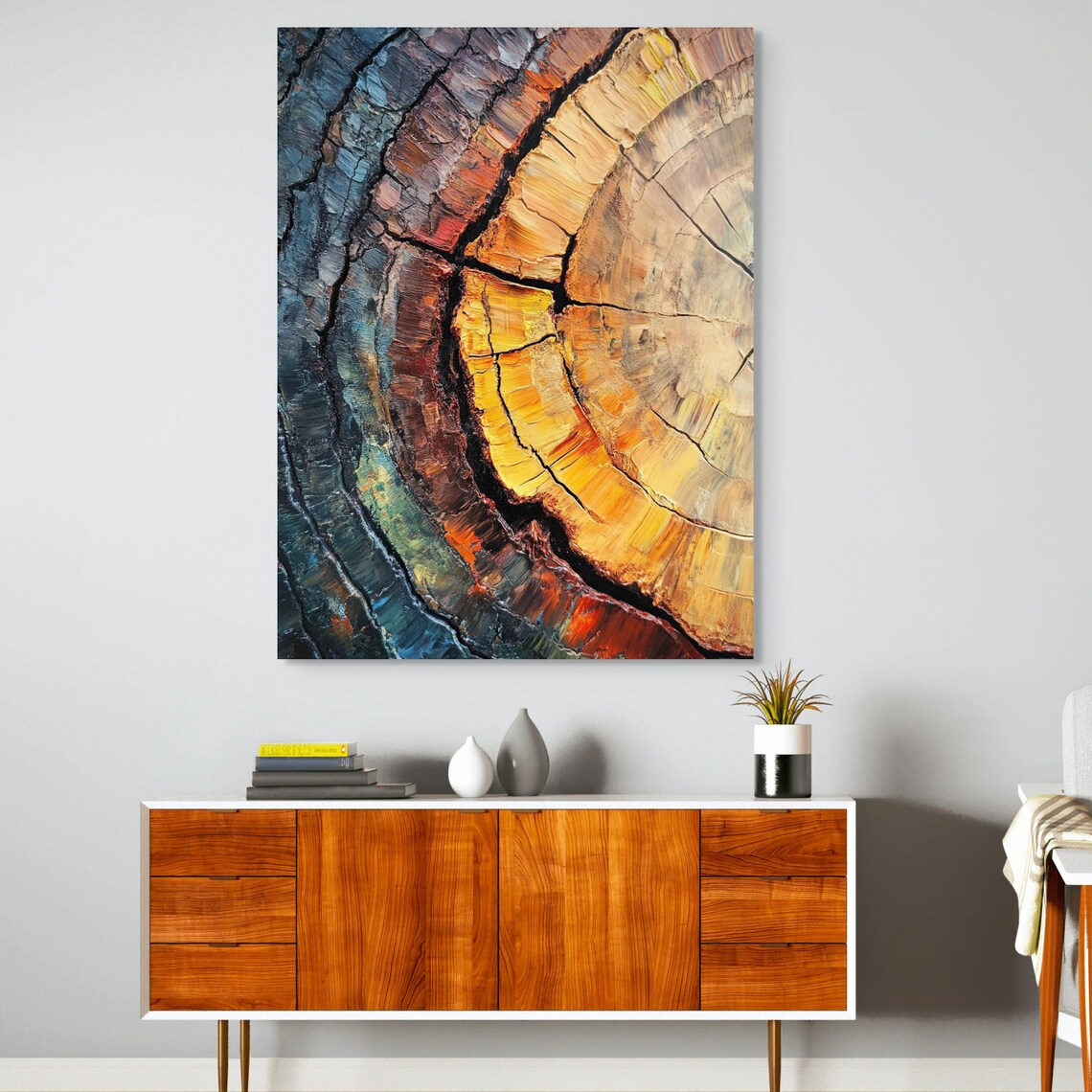 Vibrant Tree Ring Canvas Wall Art – Abstract Wood Slice Painting, Tree Trunk Close-Up, Rustic Modern Wall Decor