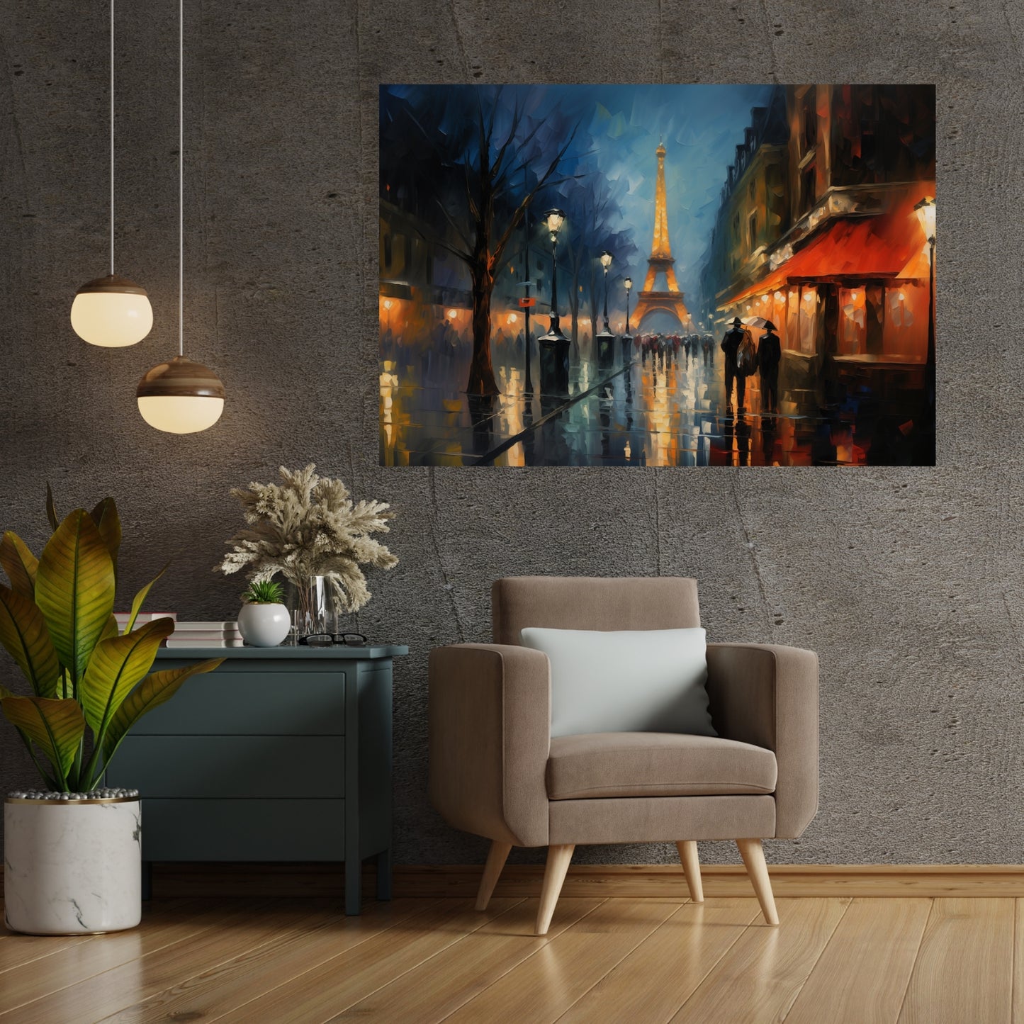 Rainy Midnight in Paris Canvas Wall Art, Eiffel Tower Tonalist Abstract Oil Painting, Dreamy & Exquisite Nightscape