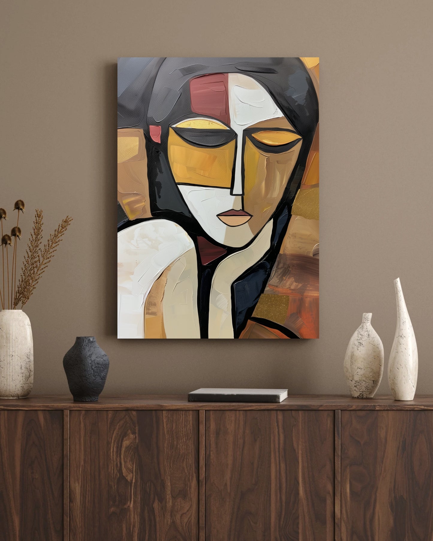 Abstract Picasso Woman Canvas Wall Art Print, Modern Black White Gold Wall Art | Cubist Style Painting | Minimalist Face Wall Art