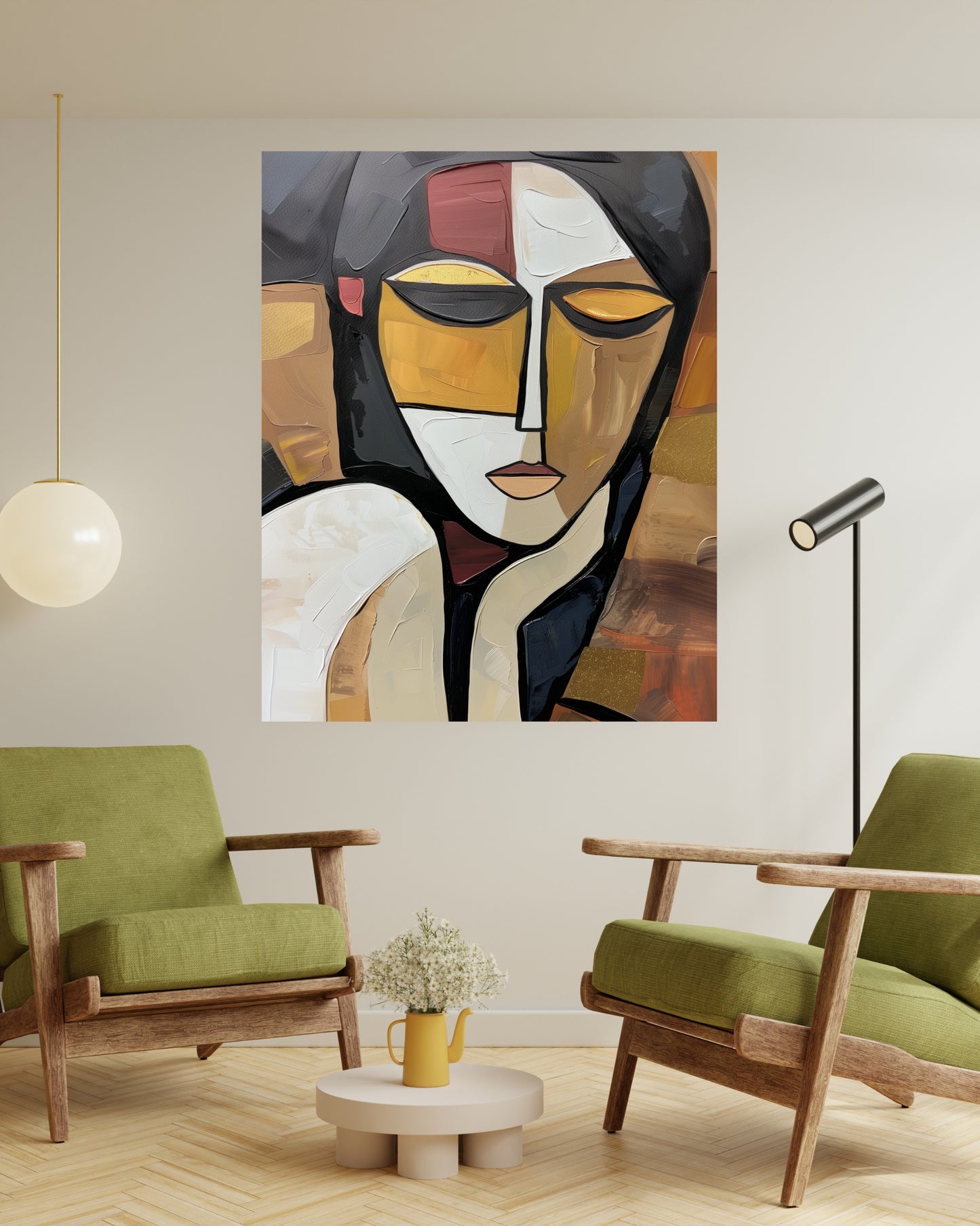 Abstract Picasso Woman Canvas Wall Art Print, Modern Black White Gold Wall Art | Cubist Style Painting | Minimalist Face Wall Art