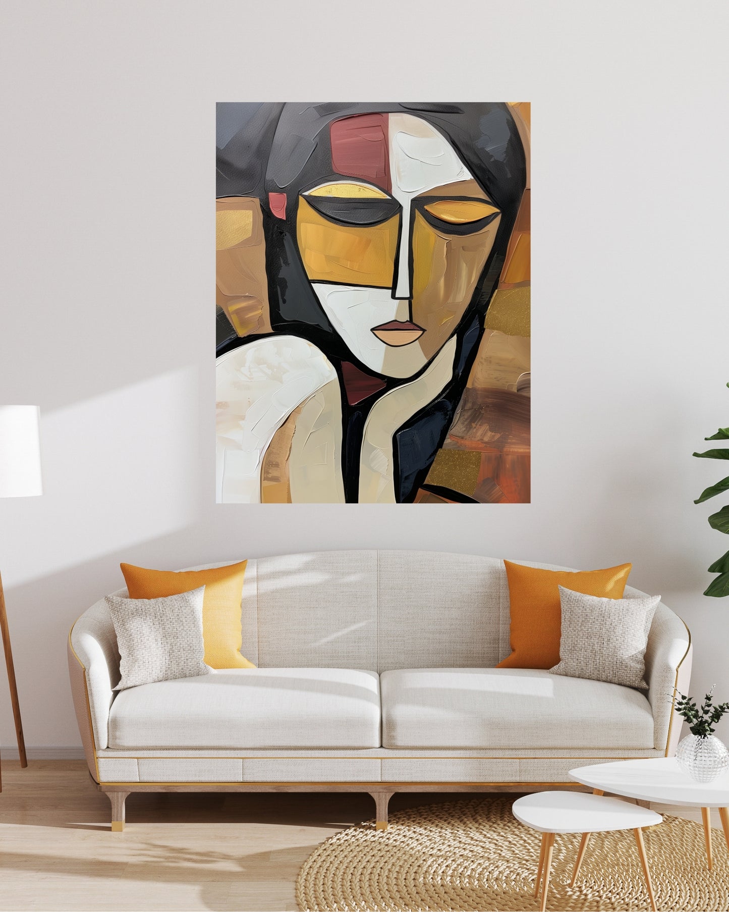 Abstract Picasso Woman Canvas Wall Art Print, Modern Black White Gold Wall Art | Cubist Style Painting | Minimalist Face Wall Art