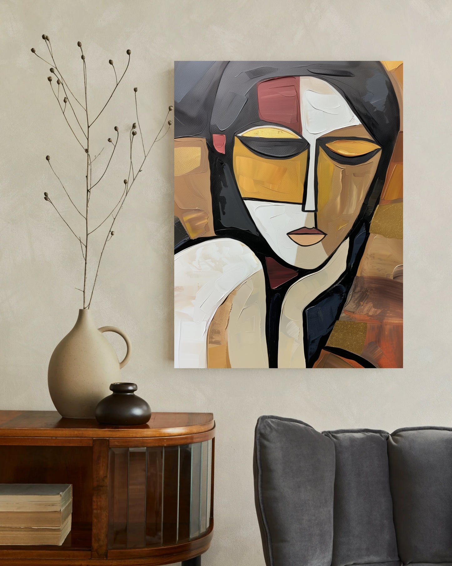 Abstract Picasso Woman Canvas Wall Art Print, Modern Black White Gold Wall Art | Cubist Style Painting | Minimalist Face Wall Art