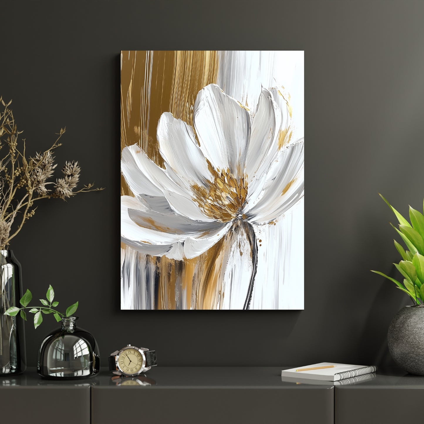 Elegant White & Gold Flower Canvas Wall Art – Textured Oil Painting, Dripping Paint Effect and Soft Neutral Tones