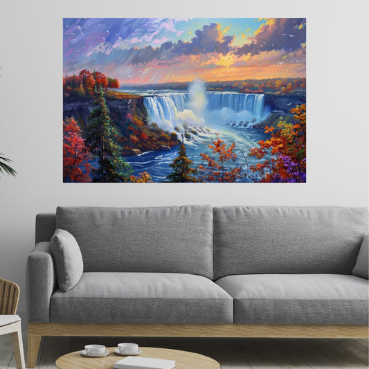 Niagara Falls Canvas Wall Art – Vibrant Oil Painting Front View of the Falls with Expressive Brushstrokes & Natural Grandeur