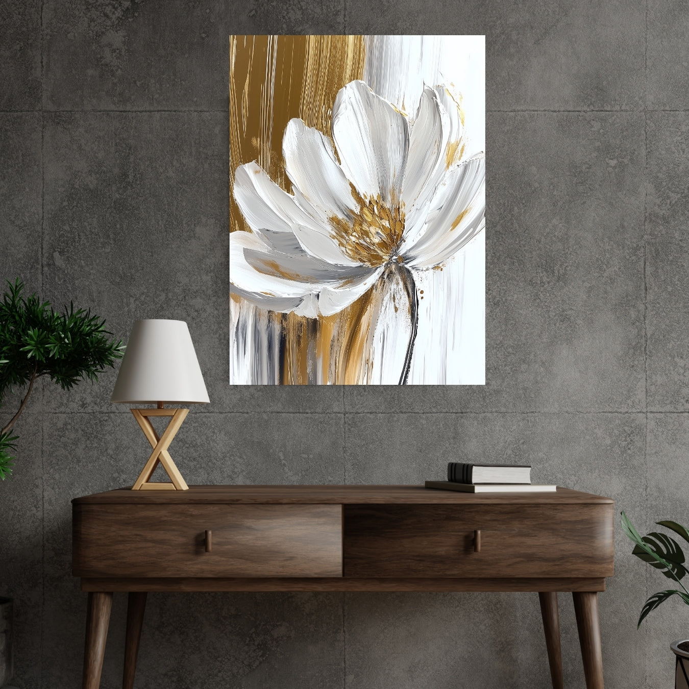 Elegant White & Gold Flower Canvas Wall Art – Textured Oil Painting, Dripping Paint Effect and Soft Neutral Tones