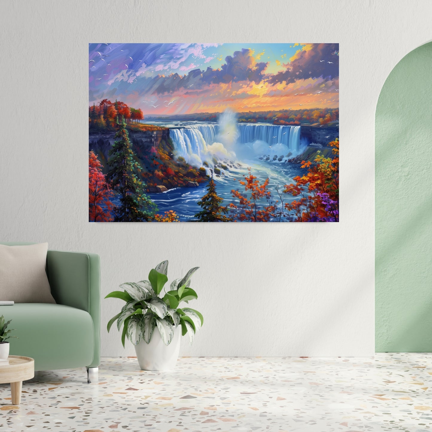 Niagara Falls Canvas Wall Art – Vibrant Oil Painting Front View of the Falls with Expressive Brushstrokes & Natural Grandeur