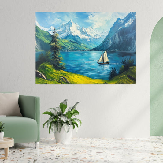 Swiss Alps Meets the Sea Canvas Wall Art – Sailing Ship Adventure in Postmodern Canvas Art