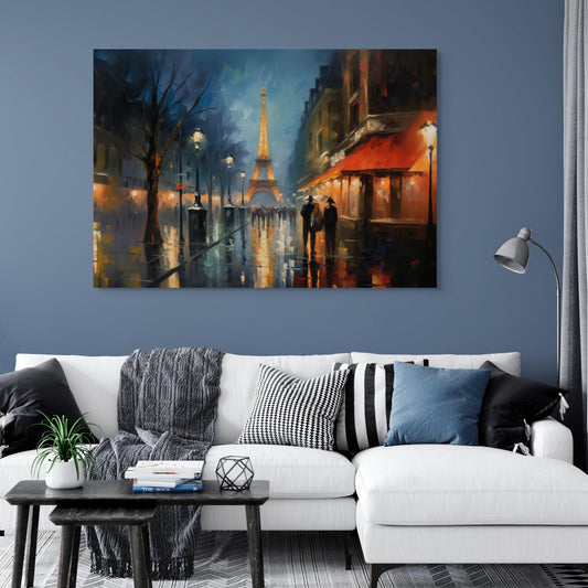Rainy Midnight in Paris Canvas Wall Art, Eiffel Tower Tonalist Abstract Oil Painting, Dreamy & Exquisite Nightscape