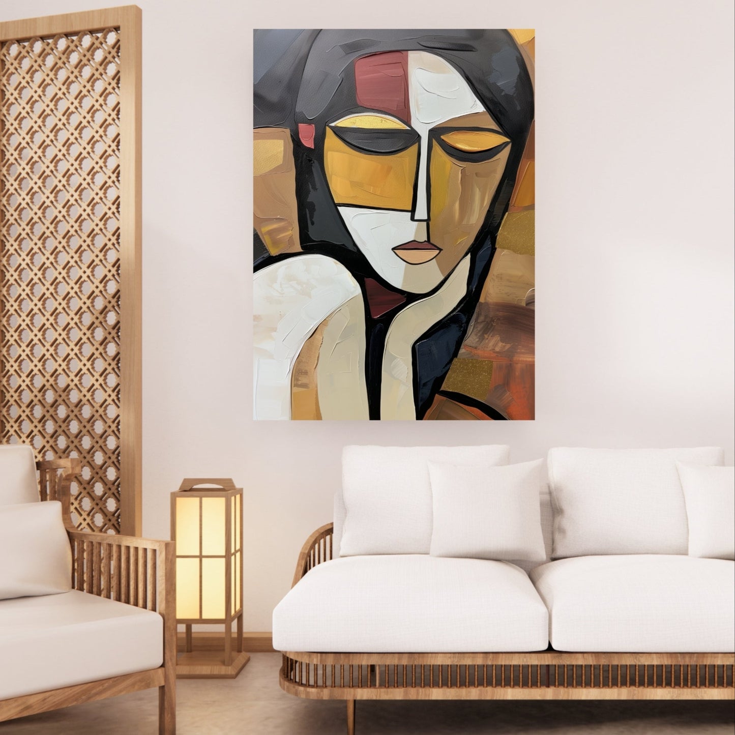 Abstract Picasso Woman Canvas Wall Art Print, Modern Black White Gold Wall Art | Cubist Style Painting | Minimalist Face Wall Art